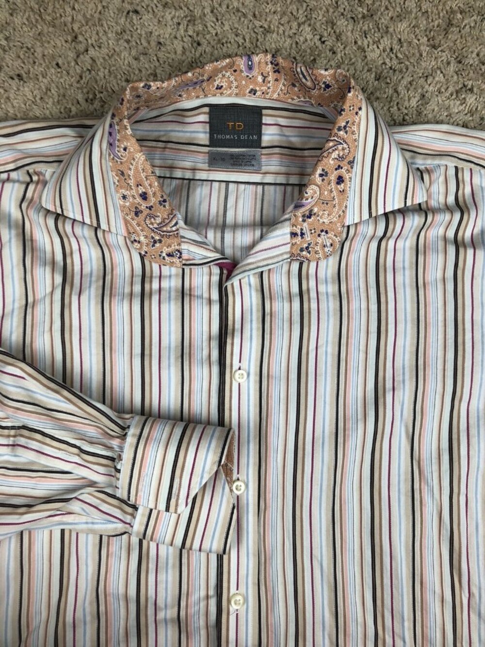 Thomas Dean Striped Ivory Paisley Long Sleeve Button Up XL Cream Brown Blue ...
